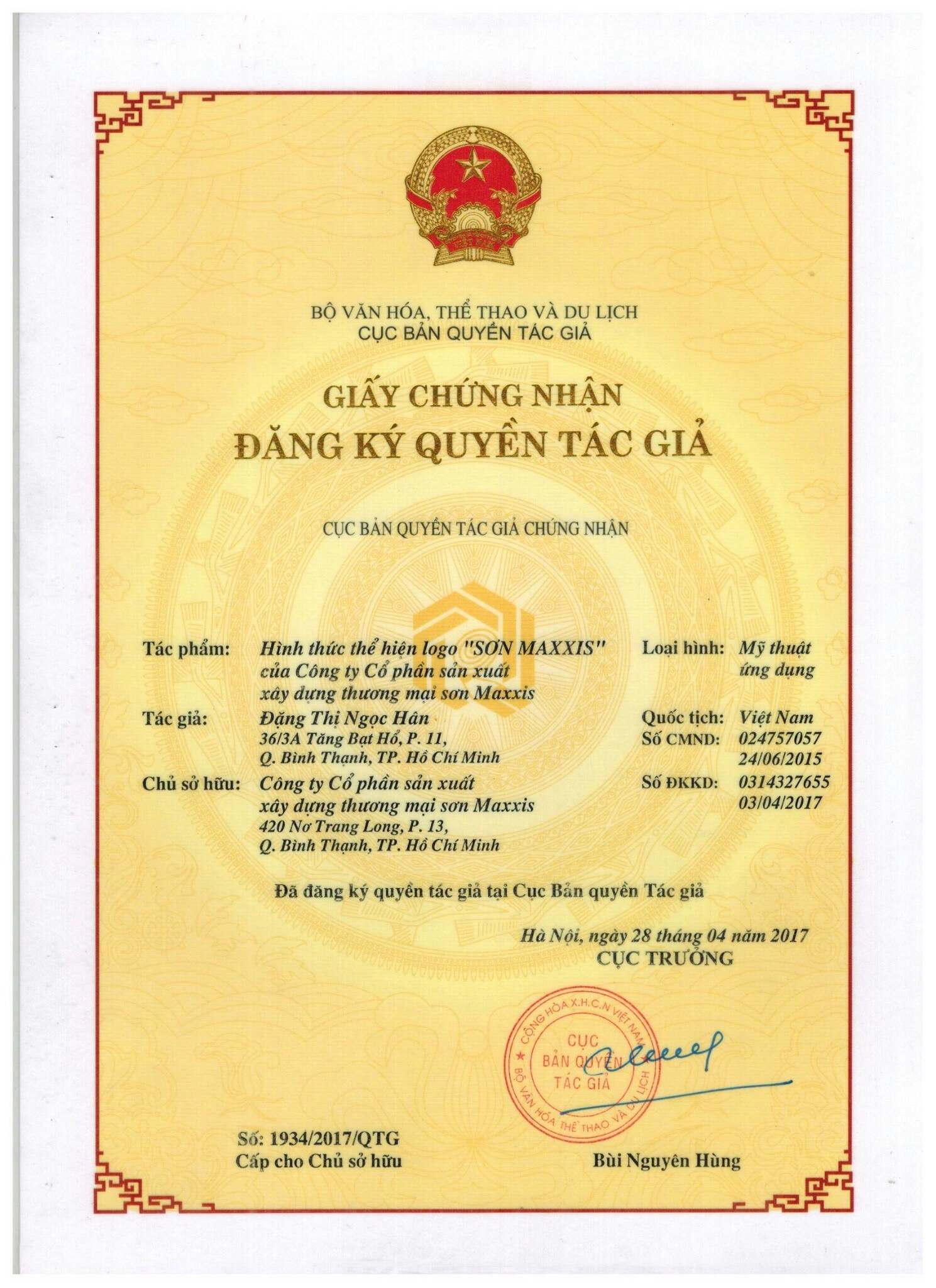 Công bố bản quyền, chứng chỉ ISO, hợp chuẩn hợp quy các sản phẩm sơn Maxxis